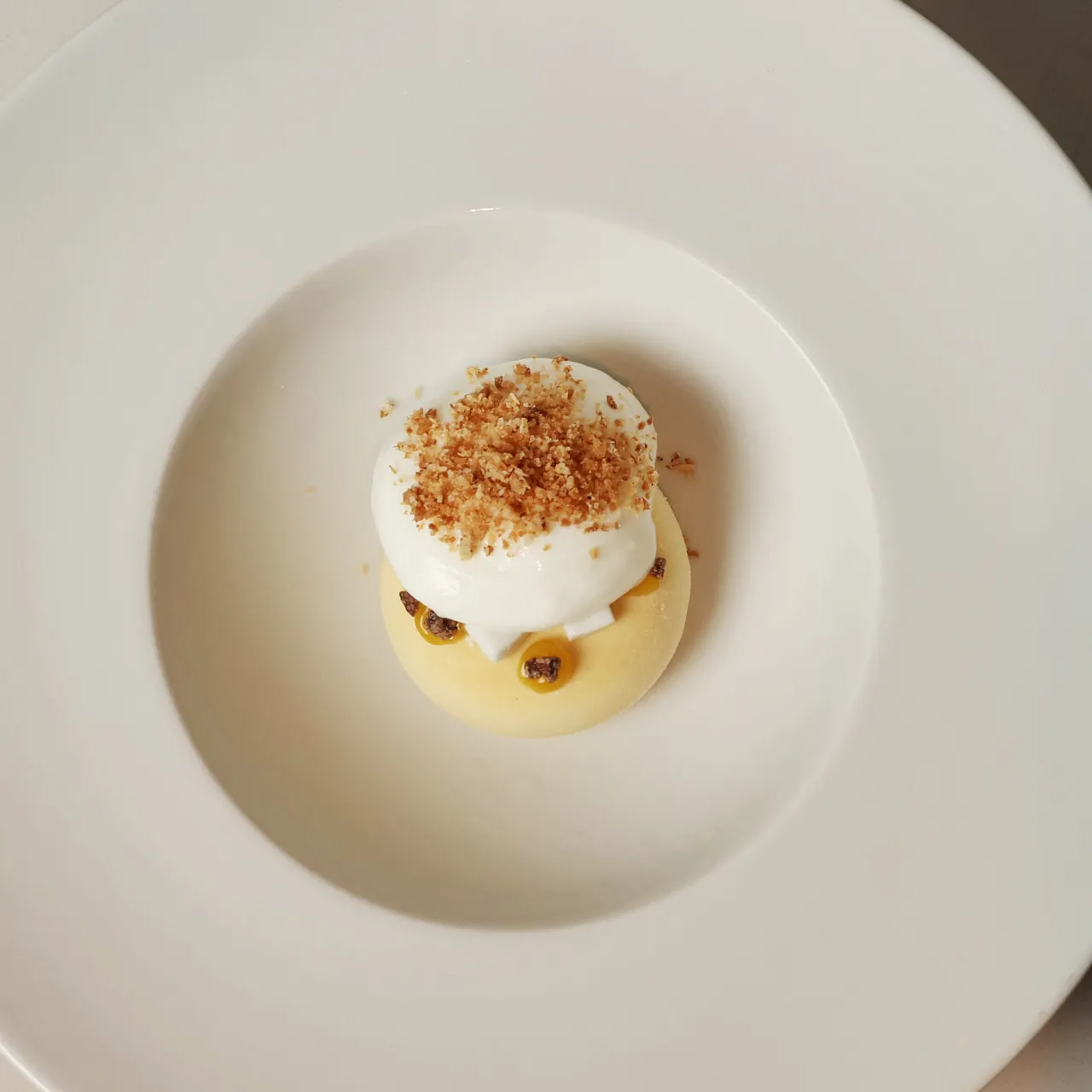 Semifreddo al miso, cocco e yogurt con crumble dorato, in un piatto fondo bianco, di Fabio Silva