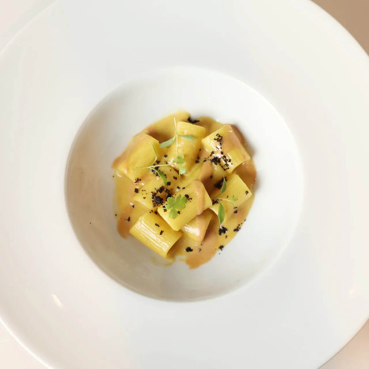 Pasta corta con salsa allo zafferano e riccio di mare dei fratelli Butticè, in un piatto fondo bianco
